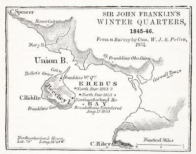 Sir John Franklins Winter Quarters, 1845-1846 fra en undersøkelse av Com. W.J.S. Pullen 1854, pub. 1854 av English School