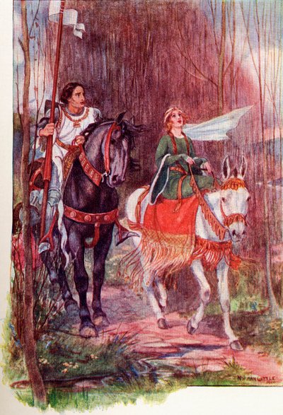 Sir Lancelot og dronning Guinevere. Farget illustrasjon fra boken The Gateway to Tennyson utgitt 1910. av English School