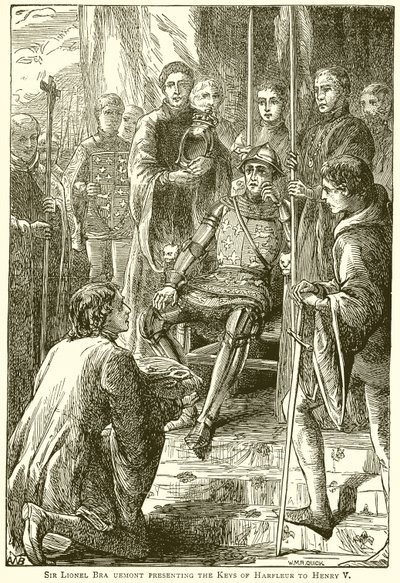 Sir Lionel Bra Uemont presenterer Keys of Harfleur til Henry V av English School