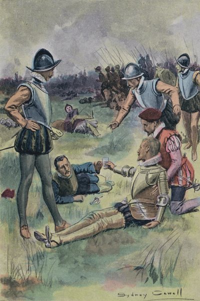 Sir Philip Sidney tilbyr vannet sitt til en annen såret soldat i slaget ved Zutphen, Nederland, 1586 av English School