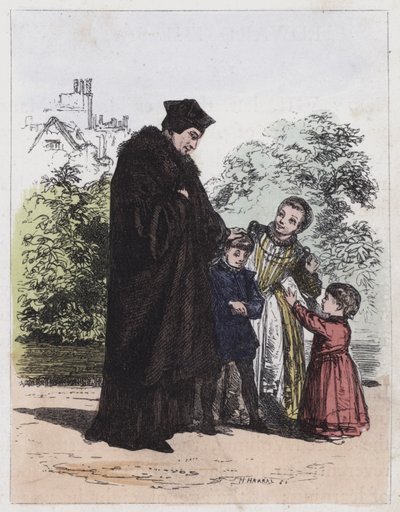 Sir Thomas More og hans barn (farget gravering) av English School