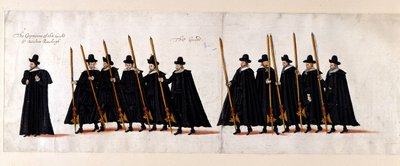 Sir Walter Raleigh, kaptein for garde, og garde. En del av begravelsesprosesjonen til dronning Elizabeth I til Westminster Abbey, 28. april 1603. av English School