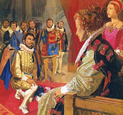 Sir Walter Raleigh før dronning Elizabeth av English School