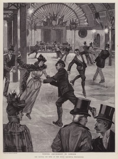 Skating på Crystal Ice Rink på Royal Aquarium, Westminster, London (litho) av English School
