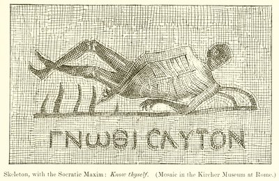 Skjelett, med den sokratiske maksimen: Kjenn deg selv. (Mosaikk i Kircher-museet i Roma) av English School