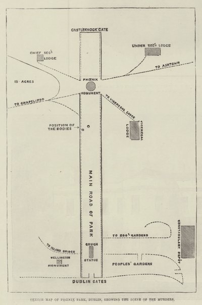 Skissekart over Phoenix Park, Dublin, som viser scenen for mordene (gravering) av English School