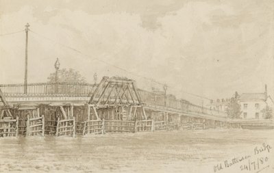 Skisse av gamle Battersea Bridge (wc på papir) av English School