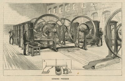 Skisser ved Royal Mint, Tower Hill; myntpresser av English School