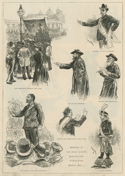 Skisser ved den store Labour-demonstrasjonen i Hyde Park, søndag 3. mai 1891 av English School