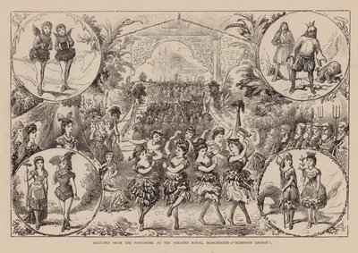 Skisser fra pantomimen på Theatre Royal, Manchester, Robinson Crusoe (gravering) av English School