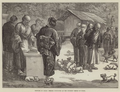 Skisser i Japan, mating av hundevalper ved Buddhist Temple of Oyama (gravering) av English School