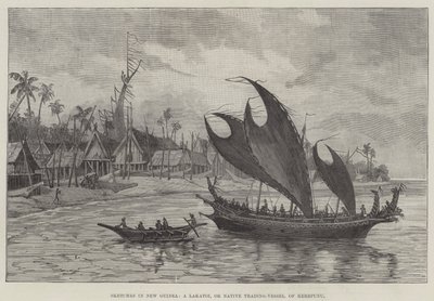 Skisser i New Guinea, et Lakatoi, eller innfødt handelsfartøy, av Kerepunu (gravering) av English School