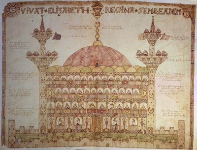 Sloane 5234 fol.91v-92 Representasjon av Haghia Sophia, Konstantinopel, med vers av Thomas Morgan (vellum) av English School