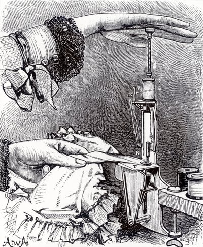 Liten låsesøm symaskin, åtte tommer lang, veier 8 gram, fra Cassells Family Magazine, utgitt 1886 av English School