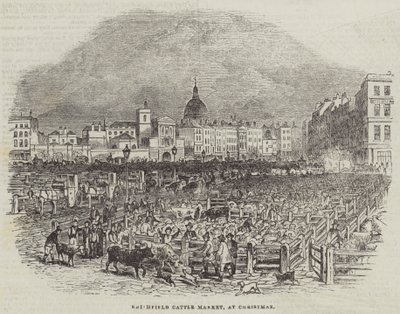 Smithfield Cattle Market, til jul (gravering) av English School