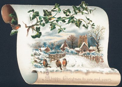 Snøscene med Robins og kirke, julekort av English School