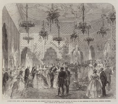 Soiree gitt, 24. september, av Burgomaster and Common Council of Brussel, på Hotel de Ville, til medlemmene av den samfunnsvitenskapelige kongressen (gravering) av English School