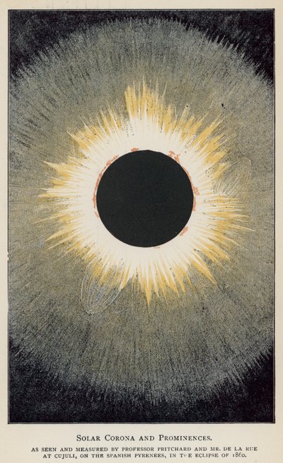 Solar Corona og Prominences, sett og målt av Professor Pritchard og Mr De La Rue (farge litho) av English School