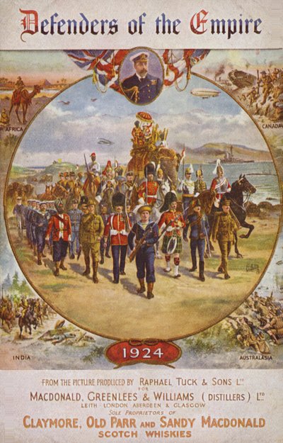Soldater fra det britiske imperiet og kong George V (fargelitografi) av English School