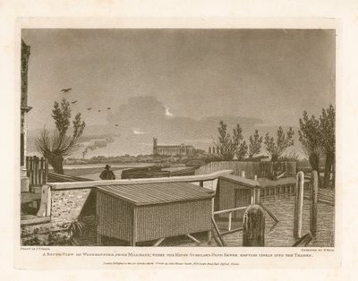 South View of Westminster fra Millbank hvor Kings Scholars Pond Sewer munner ut i Themsen av English School