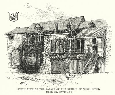 Sørutsikt over Palace of the Bishops of Winchester, nær St Saviour's (gravering) av English School