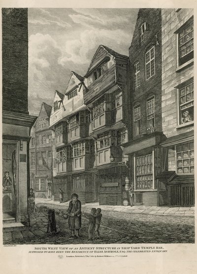 South West View av en eldgammel struktur i Ship Yard Temple Bar, som skal ha vært residensen til Elias Ashmole, den berømte antikvaren av English School