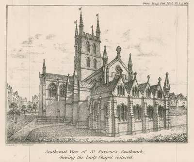 Sørøst-utsikt over St Savios Church, Southwark, som viser Lady Chapel restaurert av English School