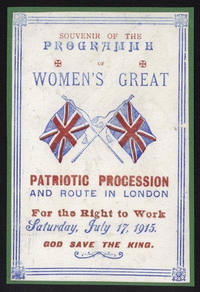 Suvenirprogram for kvinneprosesjonen for retten til arbeid, London, 17. juli 1915 av English School