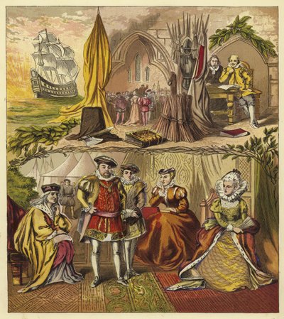 Sovereigns of the Line of Tudor; Kong Henry VII, Kong Henry VIII, King Edward VI, Queen Mary, Queen Elizabeth I av English School