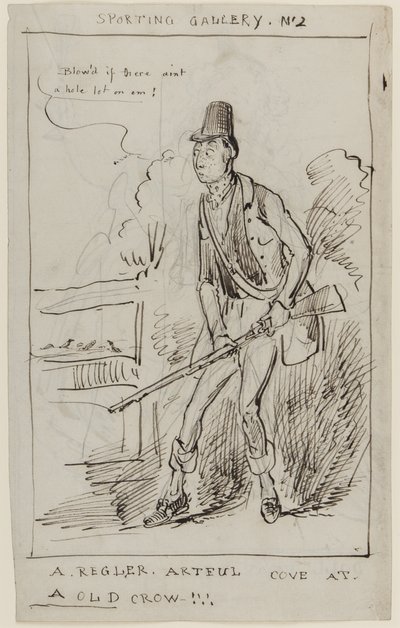 Sportsgalleri nr. 2, A Regler, Artful Cove at a Old Crow, ca. 1825 (penn og blekk på papir) av English School