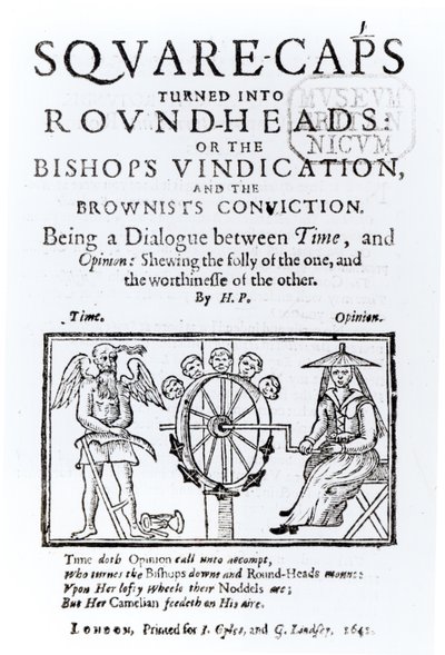 Square-Caps omgjort til Round Heads, 1642 av English School
