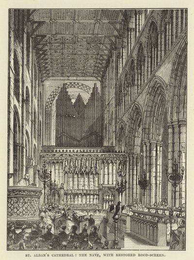 St Albans Cathedral, kirkeskipet, med restaurert takskjerm av English School