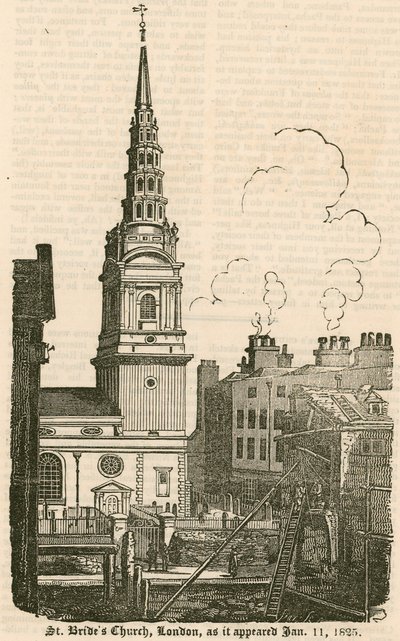 St Brides Church, Fleet Street, London, slik den så ut 11. januar 1825 av English School