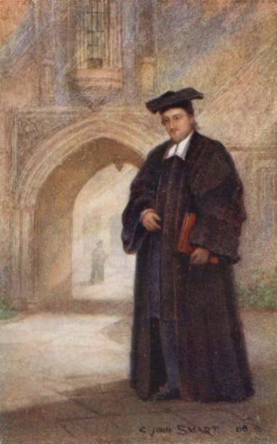 St. Edmund Campion: Edmund Campion i Proctor-kapper, Gateway of St. John#39;s College, Oxford, i bakgrunnen (fargelitografi) av English School