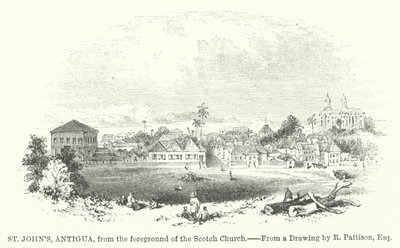 St. John#39;s, Antigua, fra forgrunnen av den skotske kirken (gravering) av English School