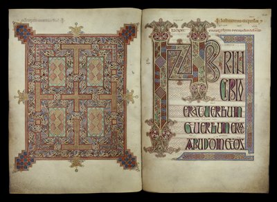 Johannesevangeliet; Teppeside og Incipit-side, Cotton Nero D. IV, f.210v og f.211r fra Lindisfarne-evangeliene, 710–721 (vellum) av English School