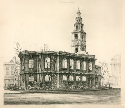 St Mary-Le-Strand, London, blyantskisse datert 1942 av English School