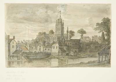 St Mary Redcliffe Church fra Redcliffe Back (med penn og blekktegning av løve på baksiden) (blyant og akvarell på papir) av English School