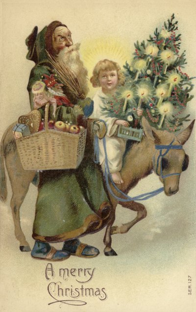 St Nicholas og Jesus Kristus, med juletre og gaver av English School