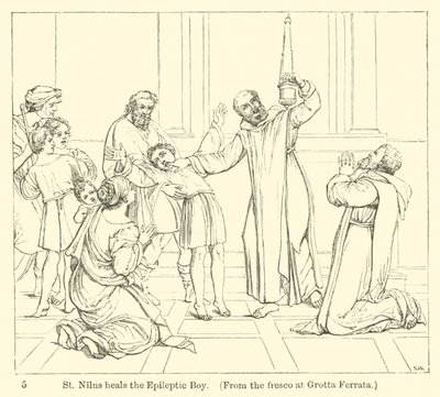 St Nilus helbreder den epileptiske gutten, fra fresken ved Grotta Ferrata (gravering) av English School