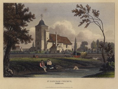 St Pancras Church, Middlesex (farget gravering) av English School