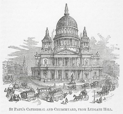 St. Pauls katedral og kirkegård, fra Ludgate Hill (gravering) av English School