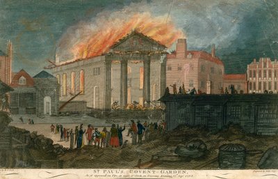 St Pauls Church, Covent Garden, London, slik den så ut i brann ved 8-tiden om kvelden 17. september 1795 av English School