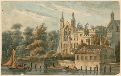 St Stephens Chapel, Speakers House, etc, Westminster, London, fra Themsen av English School
