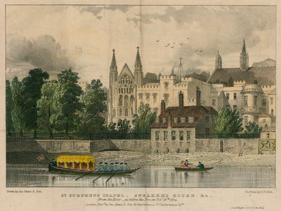 St Stephens Chapel, Speakers House, etc, Westminster, London, fra Themsen av English School