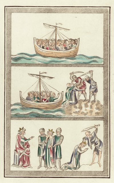 St Ursula med sine jomfruelige følgesvenner, St Ursulas martyrium, Martyrdom of St Alban (farget gravering) av English School
