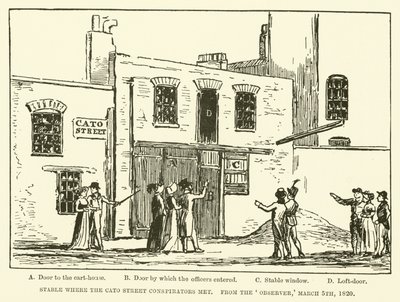 Stall der Cato Street Conspirators møttes, fra Observer, 5. mars 1820 (gravering) av English School