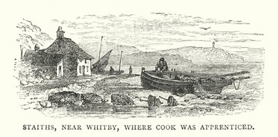 Staiths, nær Whitby, der Cook gikk i lære (farget gravering) av English School