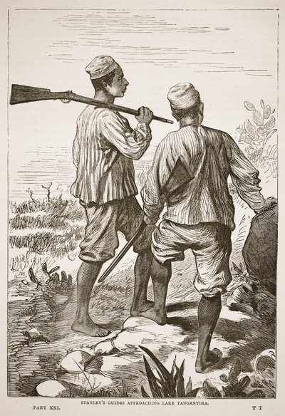 Stanleys guider som nærmer seg Tanganyikasjøen, illustrasjon fra The Pictorial Edition of the Life and Discoveries of David Livingstone av J. Ewing Richie, pub. av A. Fullarton & Co., 1876 av English School