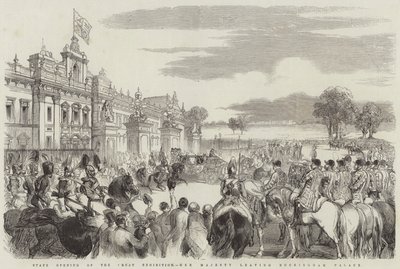 Statlig åpning av den store utstillingen, Hennes Majestet forlater Buckingham Palace (gravering) av English School